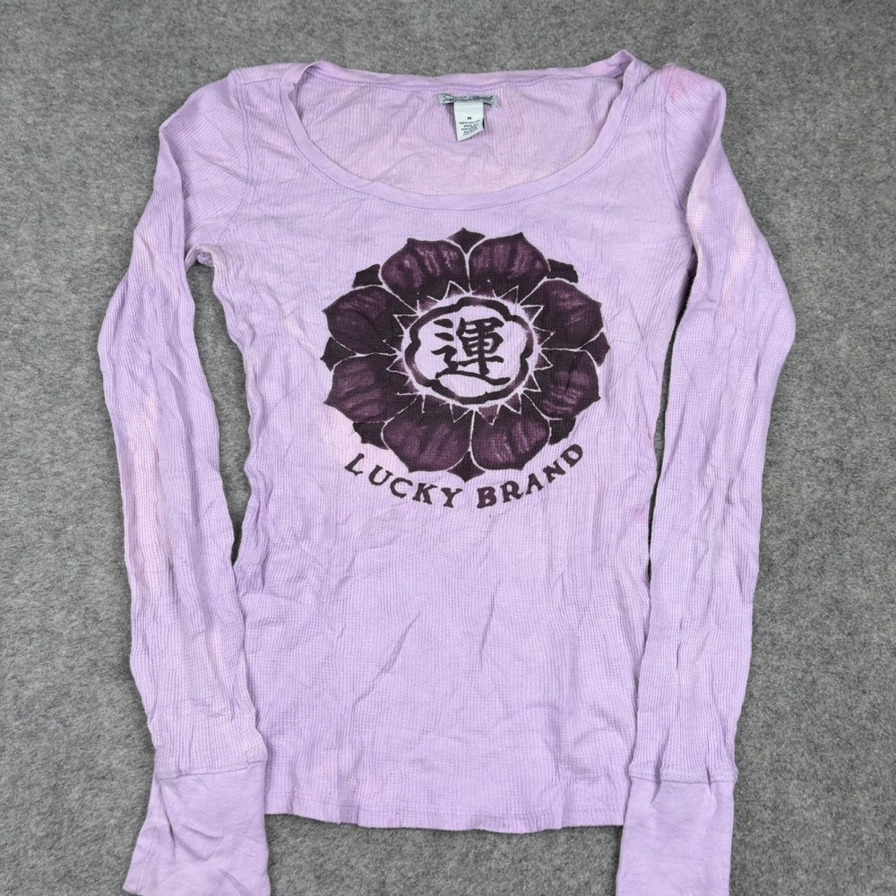 Lucky Brand Thermal Shirt Women Medium Purple Y2K Flower Graphic Waffle Knit - Picture 2 of 14